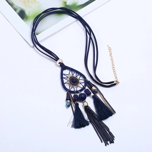 Bohemian dreamcatcher necklace with dark blue tassels and beaded layers in vintage style