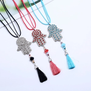 Fashion Hamsa Hand long tassel sweater necklaces with rhinestones in black, red, and blue