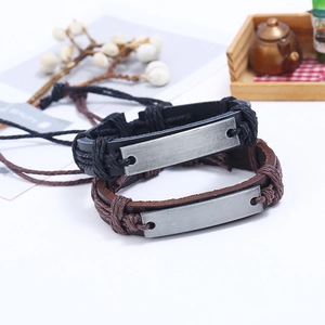 Retro punk style multi-layer braided leather bracelets with brushed metal plates