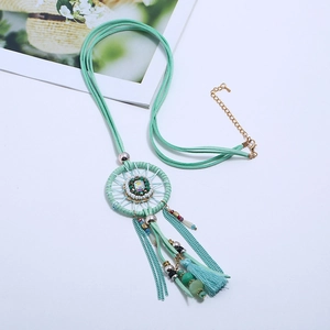 Bohemian dreamcatcher long necklace with mint green tassels and gemstone drop pendant