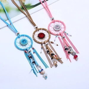 Bohemian dreamcatcher layered necklaces with colorful beads and leather tassels in three colors