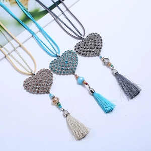 Fashion alloy heart tassel necklace with rhinestones in cream, blue and grey colors