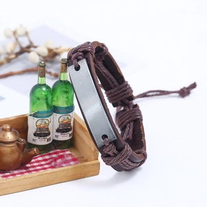 Vintage braided multilayer leather bracelet with antique metal plate and adjustable cord
