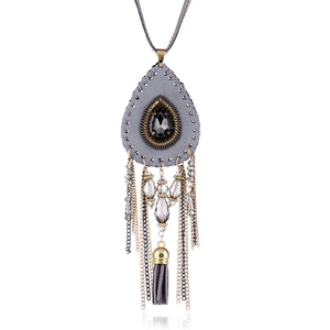 Collana Lunga Bohémien con Ciondolo a Nappa in Camoscio Lega Strass Catena per Maglione Etnica per Donna Gioielli Vintage Regalo