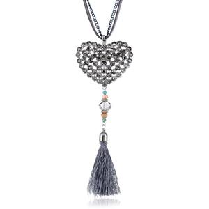 Bohemian Hollow Heart Pendant Rhinestone Tassel Long Sweater Chain Alloy Korean Velvet Double Layer Rope Necklace For Women