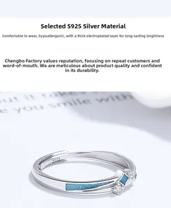 Macro shot of S925 sterling silver ring with blue enamel and zircon stones