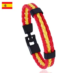 Bracelet tressé en cuir PU aux couleurs de l'Espagne avec boucle noire pour fans