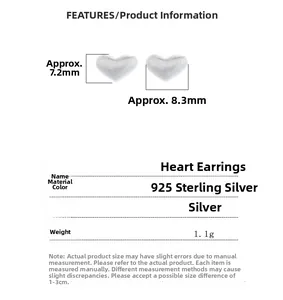 Detailed specs of S925 sterling silver heart studs with dimensions and 1.1g weight