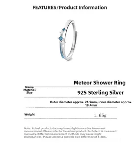 Detailed size chart for the S925 sterling silver meteor shower ring with weight and dimensions