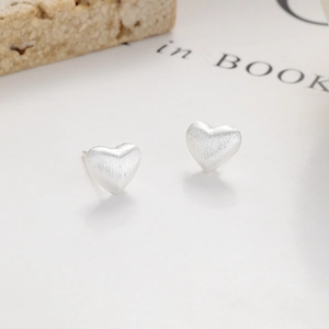 Minimalist S925 sterling silver heart stud earrings with matte brushed finish for women