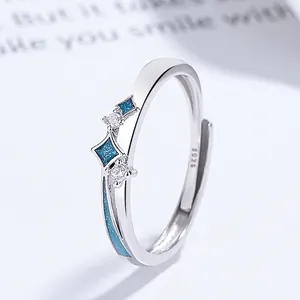 925 Sterling Silver Star Ring With Blue Enamel And White Zircon Adjustable Open Finger Ring Fashion Jewelry Women