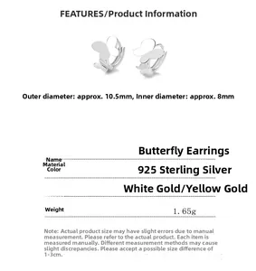 Detailed specifications of 925 sterling silver butterfly earrings with size parameters