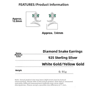 Detailed size chart for 925 sterling silver snake earrings with emerald cubic zirconia eyes