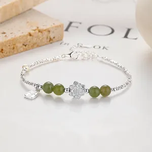 S925 sterling silver lotus bracelet with green jade beads and engraved square charm
