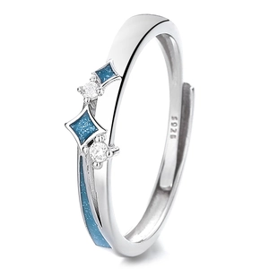S925 sterling silver open ring with blue enamel stars and white zircon stones