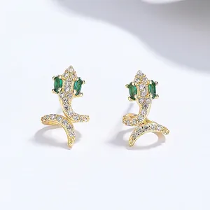 925 Sterling Silver Snake Stud Earrings For Women Shiny Rhinestone Inlaid Green Eye Animal Design Fashion Jewelry Gift
