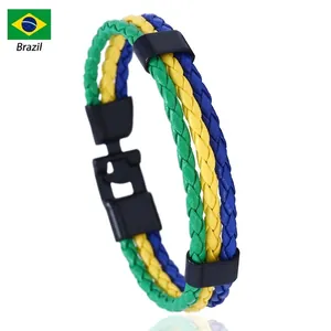 Bracelet tressé en cuir PU aux couleurs vert, jaune et bleu du drapeau du Brésil