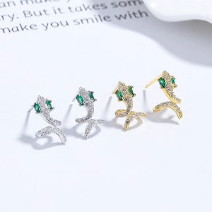 S925 sterling silver snake stud earrings with pavé zircons and emerald green eyes