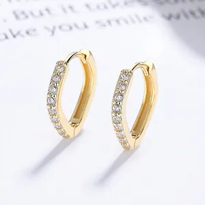 S925 Sterling Silver Geometric Square Hoop Earrings For Women Shiny Rhinestone Inlaid Fashion Simple Jewelry Gold Silver