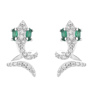 S925 sterling silver snake stud earrings with white zircons and emerald green stones