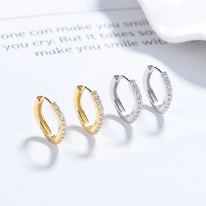 S925 sterling silver hoop earrings with geometric square zircon stones in gold and silver