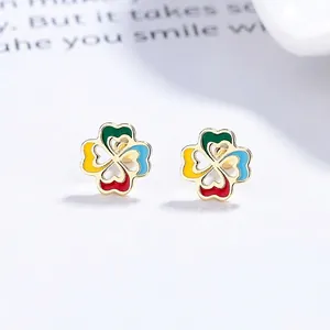S925 silver four-leaf clover earrings with colorful enamel hearts and screw back