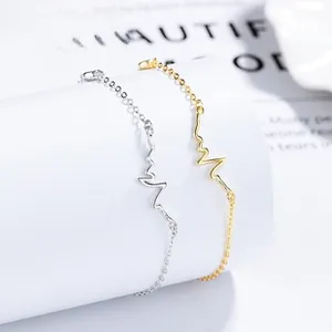 Detailed close-up of gold and silver heartbeat pulse design bracelets on a white stand