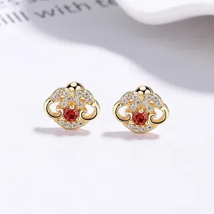 Boucles d'Oreilles Clous Verrou Ruyi en Argent Sterling 925 pour Femmes Strass Pavé Pierre Rouge Style Chinois Vintage Bijoux de Mode