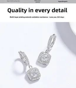 Macro shot of S925 sterling silver square drop earrings with micro-paved sparkling cubic zirconia