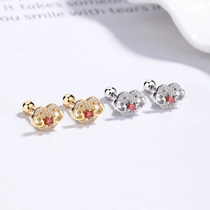 Boucles d'oreilles cadenas Ruyi en argent S925 avec pierres rouges et diamants pavés