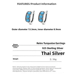 Detail specifications of vintage S925 silver hoop earrings with three turquoise stones