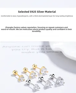 Detail of S925 sterling silver heart studs with screw-back and white zirconia