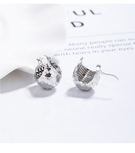 Macro view of S925 sterling silver hoop earrings with sparkling faceted textured spherical design