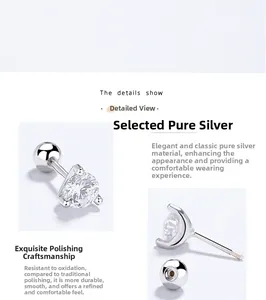 Detail showing the S925 sterling silver three-prong zircon stud with screw back closure