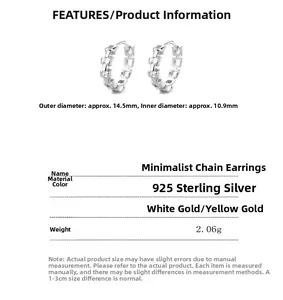Detailed product dimensions for S925 sterling silver chain earrings in gold and silver