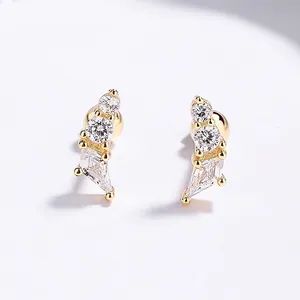 Minimalist 925 Sterling Silver Geometric Rhinestone Stud Earrings For Women Tiny Inlaid Small Screw Back Jewelry