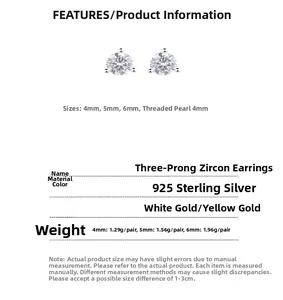 Detailed specs of S925 silver stud earrings with three-prong cubic zirconia and screw backs