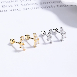 S925 sterling silver geometric stud earrings with sparkling cubic zirconia in gold and silver