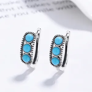 Vintage 925 Sterling Silver Turquoise Hoop Earrings For Women Retro Oxidized Bohemian Three Stone Round Inlaid Jewelry