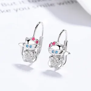 Boucles d'Oreilles Clous Coeur Chat Mignon en Argent Sterling S925 Émail Rose Strass Bleu Incrusté Boucles d'Oreilles Animal