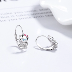Boucles d'oreilles renard en argent S925 avec nœud émail rose et pierres bleues serties