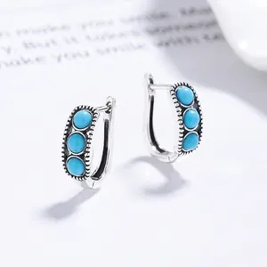Vintage S925 sterling silver U-shaped hoop earrings featuring three turquoise stones