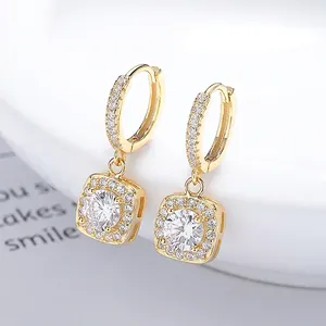 S925 Sterling Silver Square Stud Earrings For Women Minimalist Geometric Rhinestone Inlaid Hoop Earrings Jewelry Gift