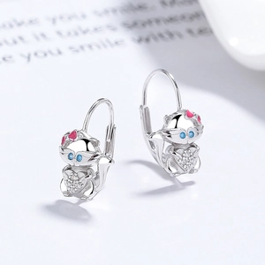 Boucles d'oreilles chat S925 en argent avec nœud rose et cœur en zircon brillant