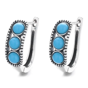 Vintage S925 sterling silver hoop earrings with three turquoise stones in a boho style