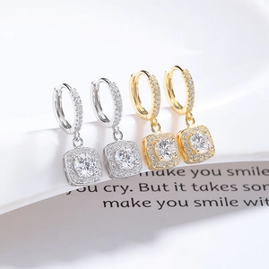 Elegant S925 sterling silver square halo drop hoop earrings with sparkling cubic zirconia