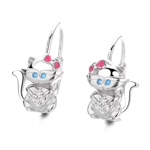 Boucles d'oreilles chat en argent S925 avec nœud rose et yeux en cristal bleu