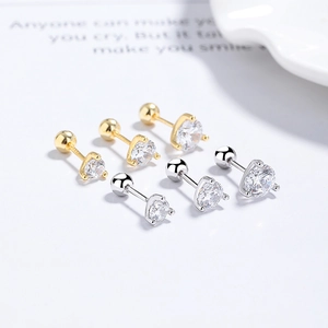 Three-prong S925 sterling silver stud earrings with cubic zirconia and ball screw backs
