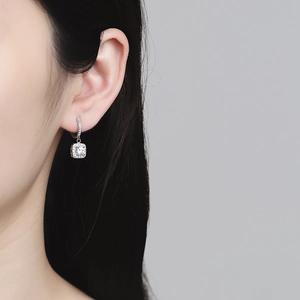 Minimalist S925 silver square hoop earrings with sparkling cubic zirconia on a model