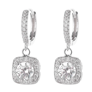 S925 sterling silver square drop earrings with halo pave diamonds and round center stone